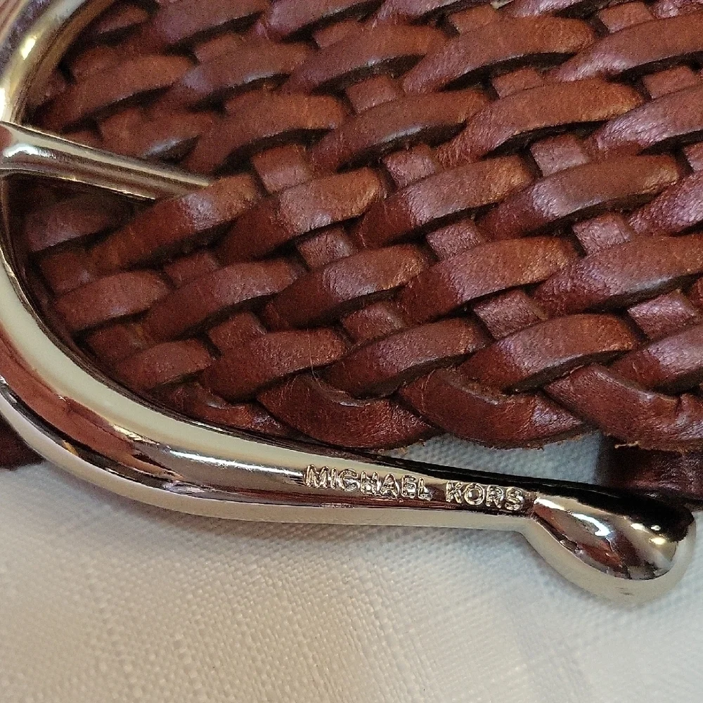 Michael Kors Women’s Chestnut Braided Belt with Polished Silver Buckle Size S